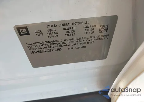 2013 Chevrolet Cruze 2Lt Auto из США, поврежденный, VIN 1G1PE5SB8D7178255